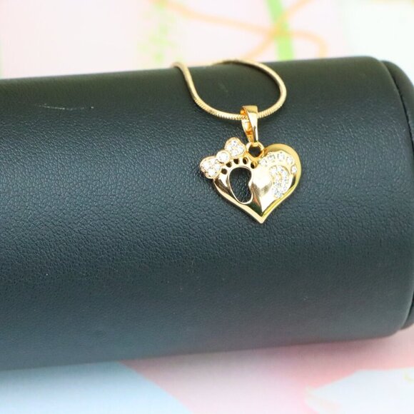 "Rose Gold Baby Footprint Heart Pendant with Sparkling CZ Accents, XPPT1249 - Picture 2 of 12